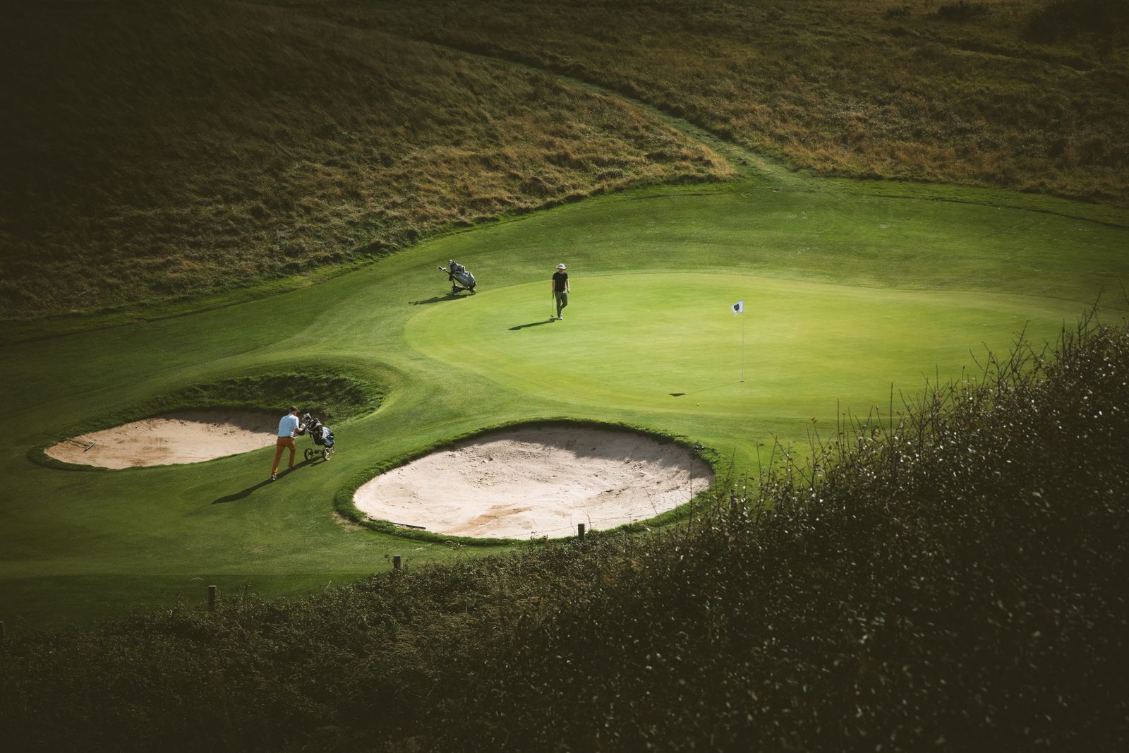 Golfers putting on a manicured championship green flanked by sand bunkers at dusk